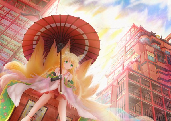 Anime picture 2000x1415 with original koroneko single long hair looking at viewer fringe highres blonde hair smile sitting bare shoulders holding green eyes animal ears sky tail traditional clothes japanese clothes animal tail sunlight