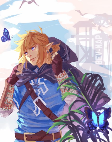 Anime picture 1500x1900 with the legend of zelda nintendo link bev-nap single tall image fringe short hair blue eyes blonde hair smile signed looking away sky cloud (clouds) upper body ponytail arm up pointy ears inscription
