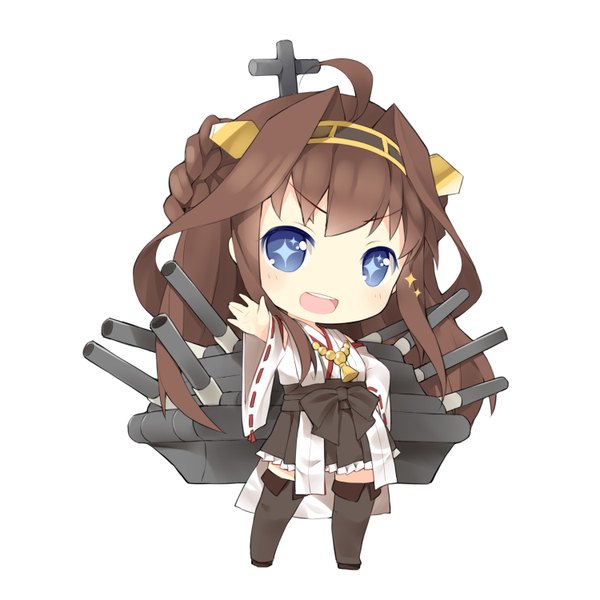 Anime picture 1500x1500 with kantai collection kongou battleship saru (longbb) single long hair looking at viewer open mouth blue eyes simple background brown hair white background brown eyes ahoge braid (braids) traditional clothes japanese clothes zettai ryouiki hand on hip symbol-shaped pupils chibi