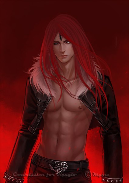Anime picture 650x919 with original madyhra (nyngio) myme1 single long hair tall image looking at viewer light erotic simple background signed red hair light smile realistic open jacket bare belly fur trim gradient background red background muscle silver eyes