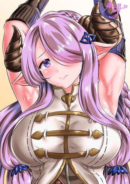 Anime picture 700x990 with granblue fantasy narmaya (granblue fantasy) kasugano tobari single long hair tall image looking at viewer blush fringe breasts light erotic simple background large breasts purple eyes signed payot purple hair upper body braid (braids) horn (horns)