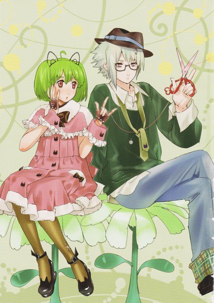 Anime picture 1280x1812 with macross macross frontier ranka lee brera sterne tall image short hair blonde hair red eyes sitting animal ears green hair cat ears couple crossed legs girl dress boy gloves flower (flowers) hat