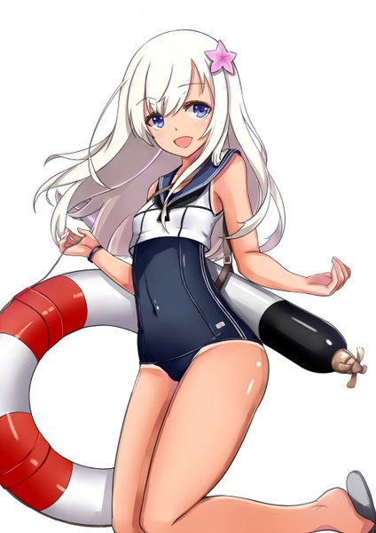 Anime picture 1012x1432 with kantai collection ro-500 submarine asya single long hair tall image looking at viewer blue eyes light erotic white background white hair girl swimsuit one-piece swimsuit school swimsuit lifebuoy torpedo