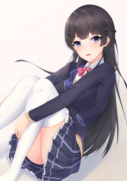 Anime picture 1272x1812 with virtual youtuber nijisanji tsukino mito ranju aira single long hair tall image looking at viewer blush fringe breasts open mouth blue eyes light erotic black hair simple background sitting bent knee (knees) braid (braids) pleated skirt