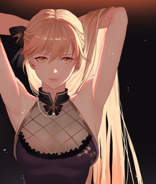 Anime-Bild 2480x2926 mit girls frontline ots-14 (girls frontline) ots-14 (sangria succulent) (girls' frontline) sobi (dnenqkswja) single long hair tall image looking at viewer fringe highres breasts simple background blonde hair hair between eyes yellow eyes upper body lips arms up armpit (armpits) sleeveless