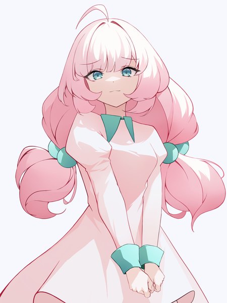 Anime picture 3000x4000 with original crystalherb single long hair tall image looking at viewer fringe highres simple background standing white background twintails pink hair ahoge blunt bangs long sleeves aqua eyes puffy sleeves low twintails girl