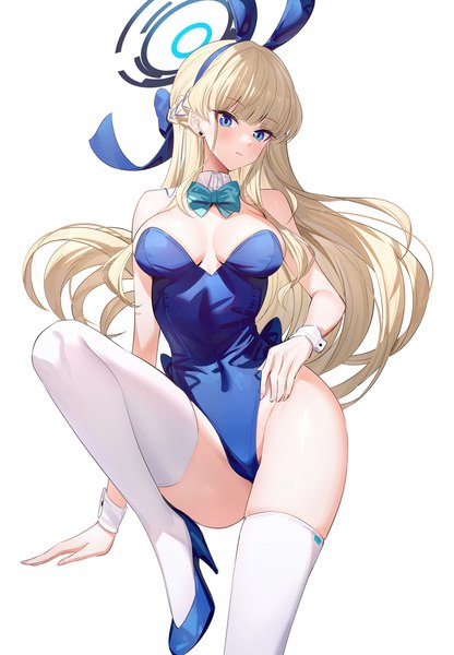 Anime picture 900x1297 with blue archive toki (blue archive) toki (bunny) (blue archive) ririko (zhuoyandesailaer) single long hair tall image looking at viewer blush fringe breasts blue eyes light erotic simple background blonde hair white background sitting animal ears bent knee (knees) blunt bangs