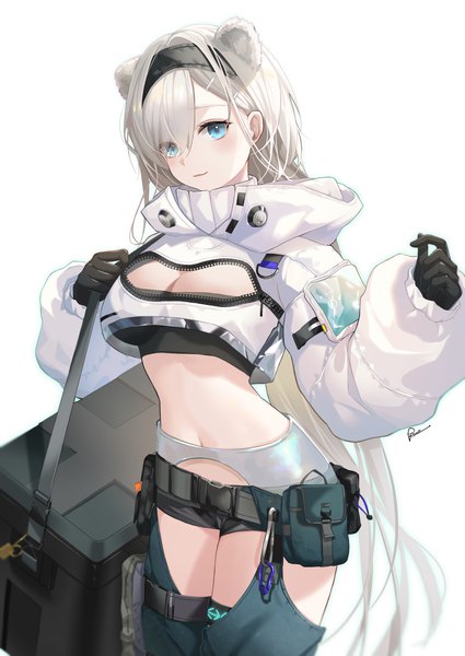 Anime picture 2380x3360 with arknights aurora (arknights) kawausoman single tall image fringe highres breasts blue eyes light erotic simple background large breasts white background animal ears cleavage silver hair very long hair hair over one eye extra ears unzipped