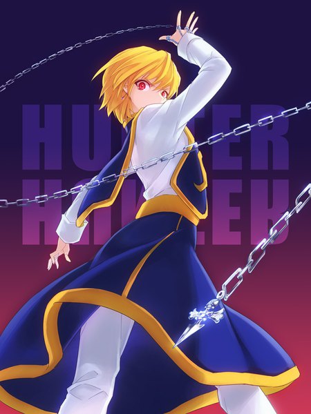 Anime picture 700x933 with hunter x hunter kurapica fukayama single tall image looking at viewer fringe short hair simple background blonde hair hair between eyes red eyes standing arm up copyright name gradient background covered mouth fighting stance purple background frown