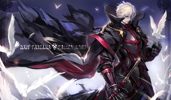 Anime picture 1227x722 with original pixiv fantasia pixiv fantasia fallen kings ryuuzaki ichi short hair red eyes wide image white hair wind pointy ears inscription looking down boy weapon animal sword armor bird (birds) cape pigeon