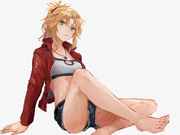 Anime picture 2048x1538 with fate (series) fate/grand order mordred (fate) kouzuki kei single long hair looking at viewer highres simple background blonde hair sitting green eyes ponytail barefoot grey background arm support open jacket indian style girl jacket