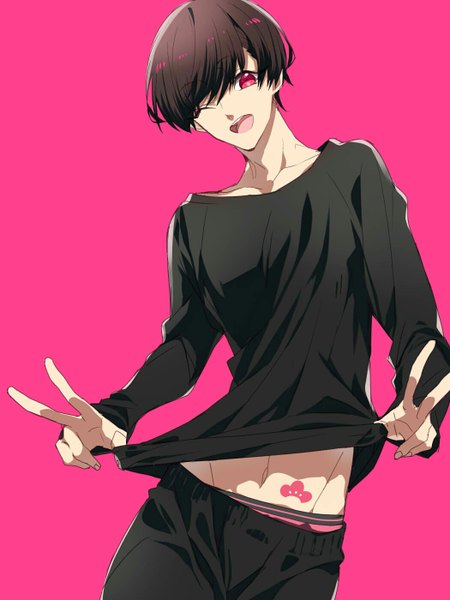 Anime picture 1050x1400 with osomatsu-san matsuno todomatsu 846kazuya single tall image looking at viewer short hair open mouth simple background brown hair one eye closed pink eyes tattoo groin victory pink background boy navel