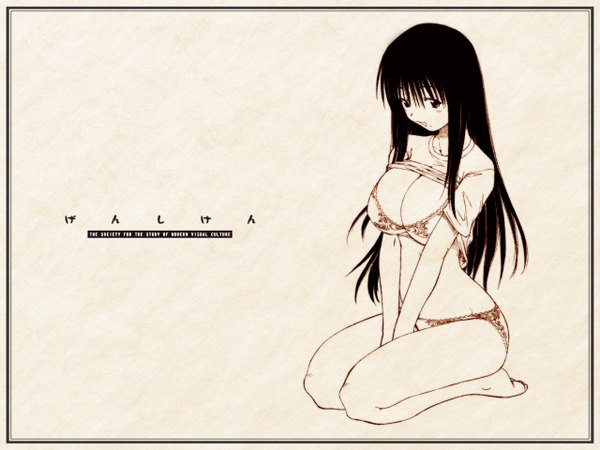 Anime picture 1280x960 with genshiken arms corporation oono kanako long hair breasts light erotic black hair large breasts wallpaper monochrome shirt lift underwear panties lingerie bra
