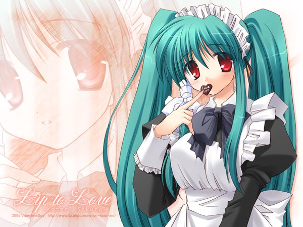 Anime picture 1600x1200 with izumi makoto single long hair looking at viewer fringe hair between eyes red eyes twintails upper body aqua hair maid finger to mouth zoom layer valentine girl bow food headdress sweets maid headdress