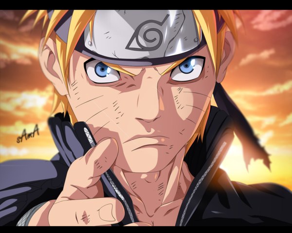 Anime picture 1300x1037 with naruto studio pierrot naruto (series) uzumaki naruto sama15 single short hair blue eyes blonde hair sky cloud (clouds) sunlight coloring facial mark evening sunset close-up face whisker markings jinchuriki