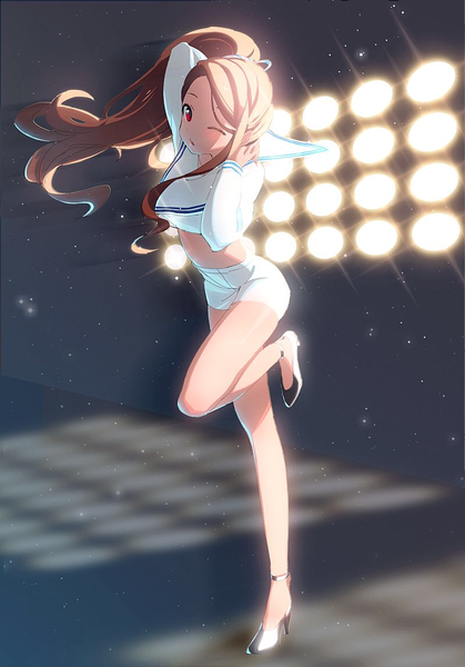 Anime picture 800x1144 with idolmaster idolmaster (classic) minase iori hanon (heartofsword) single long hair tall image looking at viewer blush open mouth red eyes brown hair standing full body ponytail one eye closed wink arms up bare legs bare belly