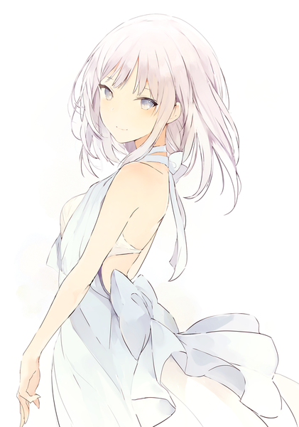 Anime picture 726x1034 with original lpip single long hair tall image looking at viewer blush fringe simple background smile white background pink hair portrait bare back silver eyes girl dress bow white dress