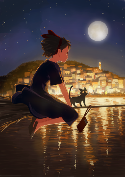 Anime picture 1654x2339 with kiki's delivery service studio ghibli kiki jiji makio tall image fringe short hair black hair smile sitting looking away profile night short sleeves night sky city reflection cityscape flying