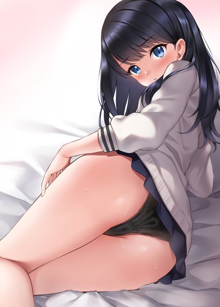 Anime picture 1471x2047 with gridman universe ssss.gridman studio trigger takarada rikka ren san single long hair tall image looking at viewer blush fringe blue eyes light erotic black hair simple background ass lying blunt bangs pleated skirt looking back