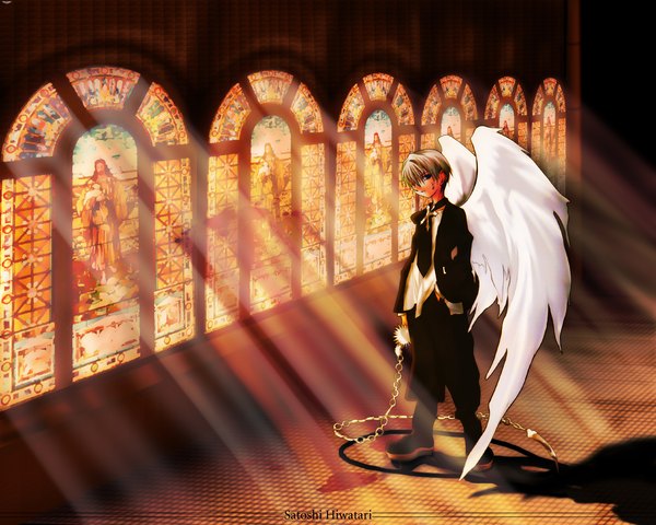 Anime picture 1280x1024 with d.n.angel xebec hiwatari satoshi sugisaki yukiru macky (minitokyo) single short hair brown hair standing full body indoors character names angel wings third-party edit white wings boy wings stained glass