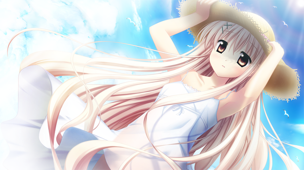 Anime picture 1280x720 with aqua (game) akizuki tsukasa long hair wide image brown eyes game cg white hair loli girl hat sundress straw hat