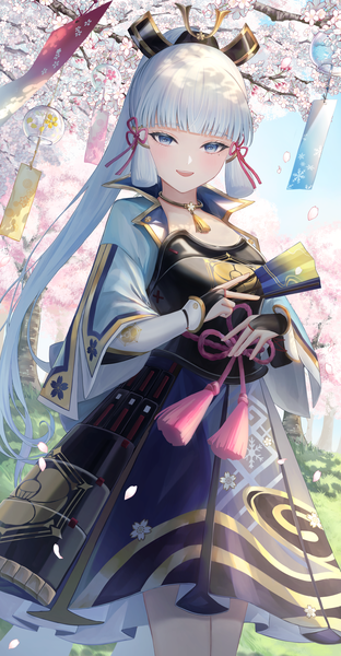 Anime picture 1946x3738 with genshin impact kamisato ayaka tobi (pixiv41237754) single long hair tall image looking at viewer blush fringe highres open mouth blue eyes smile standing holding silver hair outdoors ponytail blunt bangs traditional clothes