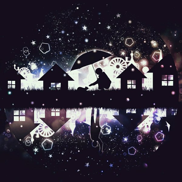 Anime picture 1000x1000 with original harada miyuki single holding profile arm up leaning leaning forward outstretched arm reflection squat silhouette waving different reflection boy plant (plants) animal star (symbol) building (buildings) star (stars)