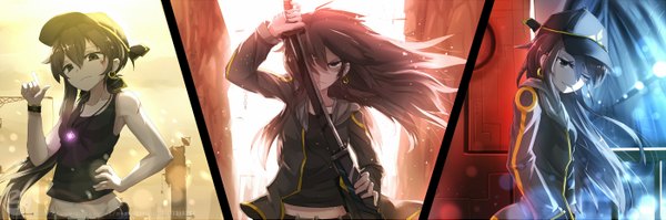 Anime picture 2800x933 with original qian ye (qys3) qys3 long hair looking at viewer highres wide image multiple girls one eye closed wink grey eyes hand on hip watermark multiview multiple persona column lineup girl weapon sword jacket