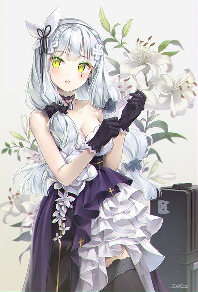 Anime picture 813x1200 with girls frontline hk416 (girls frontline) ika (4801055) single long hair tall image blush standing twintails green eyes cleavage silver hair low twintails official alternate costume floral background adjusting gloves girl thighhighs gloves hair ornament