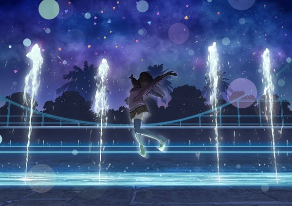 Anime-Bild 3508x2480 mit original sato_atsu single long hair fringe highres absurdres eyes closed night zettai ryouiki night sky spread arms jumping girl thighhighs black thighhighs plant (plants) water shoes fountain