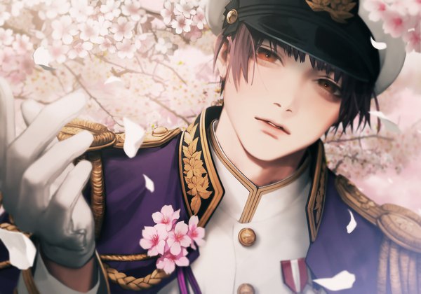 Anime picture 1800x1261 with axis powers hetalia studio deen japan (hetalia) 9ibem single looking at viewer fringe highres short hair black hair brown eyes upper body outdoors parted lips head tilt arm up realistic cherry blossoms boy gloves
