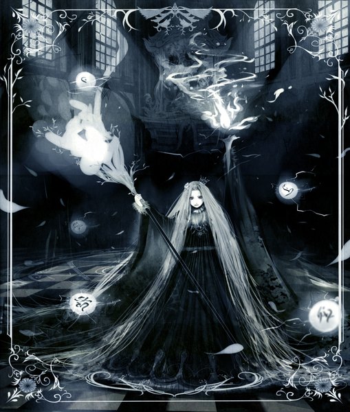 Anime picture 1500x1765 with original shigureteki long hair tall image white hair magic monochrome smoke framed checkered floor girl dress staff crown