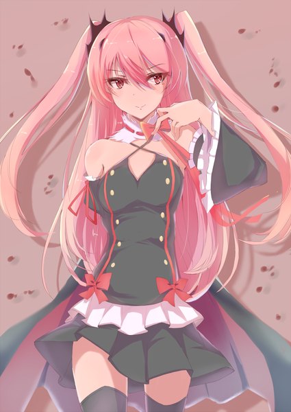 Anime picture 800x1129 with owari no seraph wit studio kururu tepes kameponde single long hair tall image blush fringe simple background smile hair between eyes red eyes standing bare shoulders looking away pink hair long sleeves wide sleeves two side up