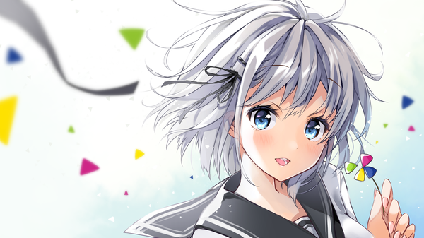 Anime picture 1920x1080 with original yaki mayu single looking at viewer blush fringe highres short hair open mouth blue eyes simple background smile hair between eyes wide image payot silver hair upper body :d girl uniform