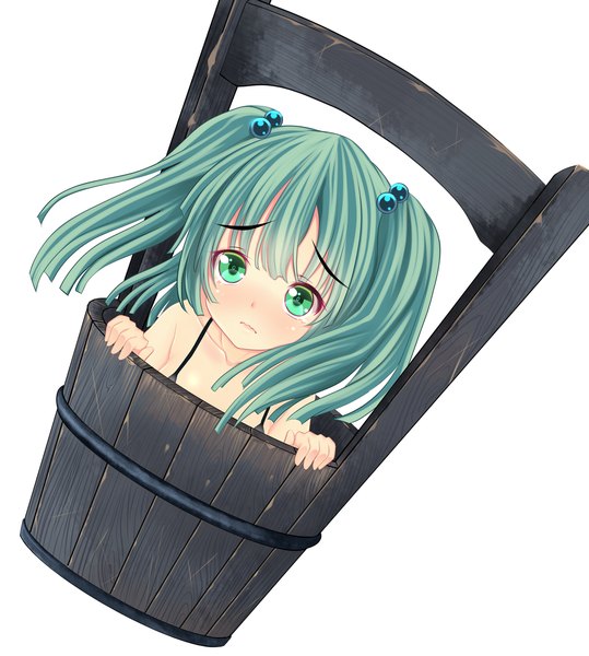 Anime picture 1438x1600 with touhou kisume kiyomin single long hair tall image simple background white background twintails bare shoulders green eyes green hair girl in bucket girl hair ornament swimsuit bikini hair tie hair bobbles bucket