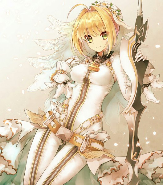 Anime picture 903x1024 with fate (series) fate/grand order fate/extra fate/extra ccc nero claudius (fate) (all) nero claudius (fate) nero claudius (bride) (fate) yuririensu single tall image looking at viewer fringe short hair breasts light erotic simple background blonde hair smile hair between eyes holding