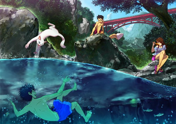 Anime picture 1200x848 with original oropi (artist) long hair fringe short hair black hair smile brown hair sitting hair over one eye multiple boys undressing underwater jumping laughing shirtless swimming girl boy plant (plants)