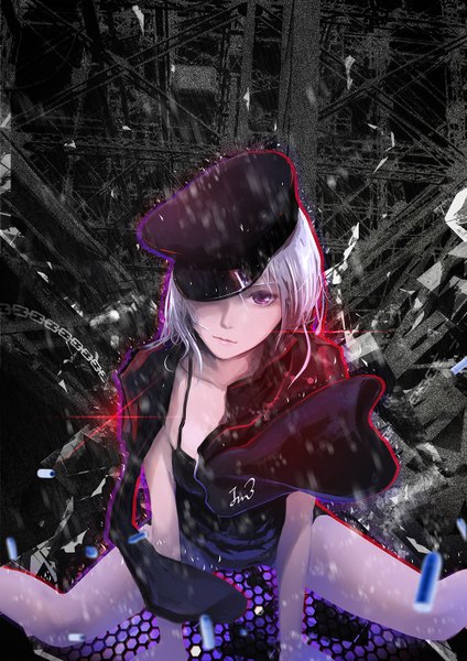 Anime picture 1000x1414 with jn3 single tall image looking at viewer fringe short hair sitting purple eyes signed silver hair lips legs glow girl hat chain cartridge