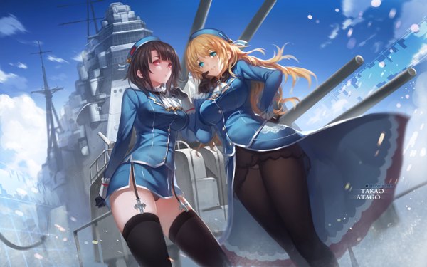 Anime picture 3000x1875 with kantai collection atago heavy cruiser takao heavy cruiser yykuaixian long hair looking at viewer highres short hair breasts blue eyes light erotic black hair blonde hair red eyes wide image large breasts multiple girls pantyshot character names hand on hip
