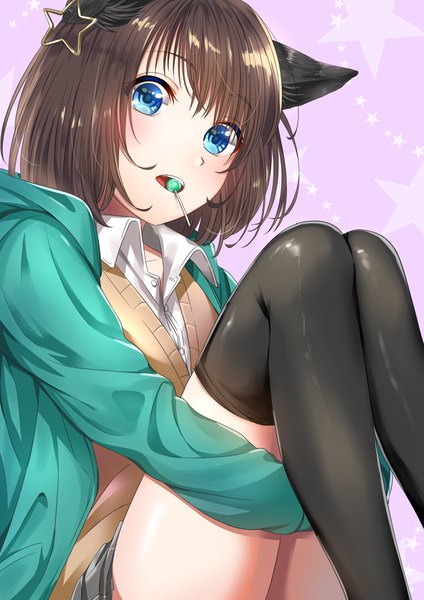 Anime picture 2894x4093 with original routo (rot 0) single tall image looking at viewer blush fringe highres short hair blue eyes hair between eyes brown hair holding animal ears cat ears open clothes mouth hold pink background open collar leg hug