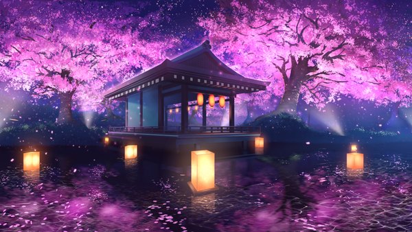 Anime picture 3840x2160 with original smile (qd4nsvik) highres wide image absurdres night cherry blossoms no people landscape architecture spring east asian architecture plant (plants) petals tree (trees) water paper lantern