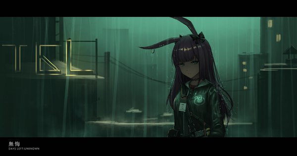 Anime picture 2000x1052 with arknights rope (arknights) yurichtofen single long hair looking at viewer fringe highres wide image standing green eyes animal ears purple hair upper body outdoors blunt bangs night bunny ears piercing text