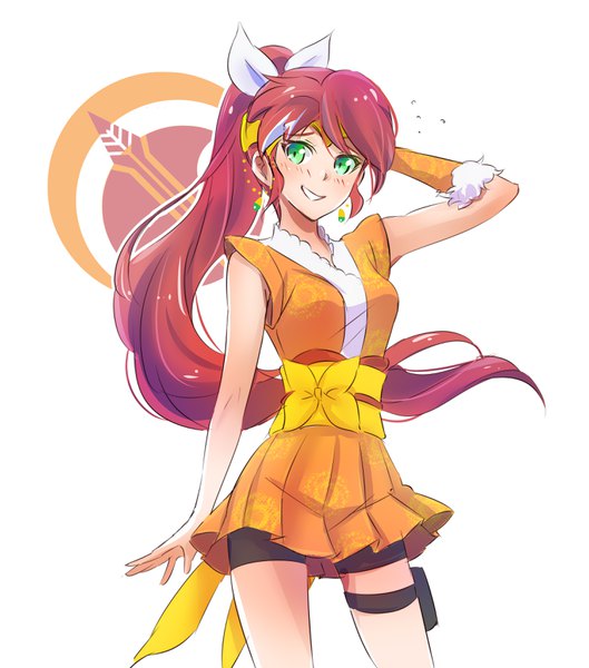 イラスト 3000x3400 と rwby rooster teeth crunchyroll pyrrha nikos hime (crunchyroll) いえすぱ ソロ 長髪 長身像 前髪 highres 開いた口 simple background 笑顔 立つ 白背景 緑の目 ポニーテール 赤髪 traditional clothes