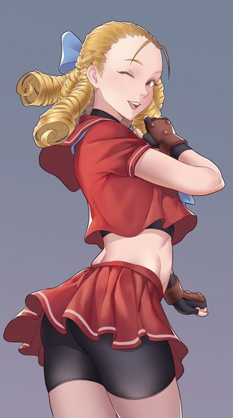 Anime picture 1200x2152 with street fighter capcom kanzuki karin cheshirrr single long hair tall image looking at viewer open mouth simple background blonde hair smile standing brown eyes pleated skirt one eye closed looking back arm up wind wink