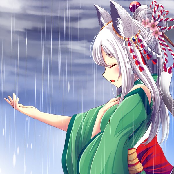 Anime picture 1400x1400 with original rinneko (good sun) suzune kou single long hair open mouth animal ears silver hair cloud (clouds) tail eyes closed traditional clothes japanese clothes animal tail profile cat ears cat girl cat tail hair bun (hair buns) outstretched arm