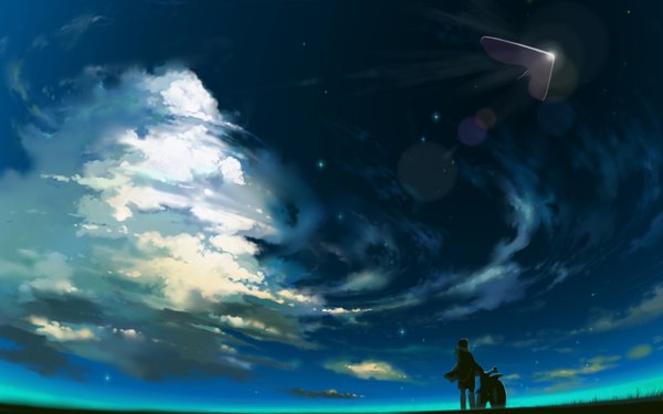 Anime-Bild 1920x1200 mit original kajimiya (kaji) highres wide image sky cloud (clouds) flying landscape scenic boy star (stars) motorcycle ufo