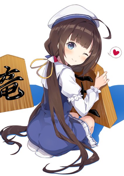 Anime picture 1111x1571 with ryuuou no oshigoto! hinatsuru ai mamehamu single tall image looking at viewer blush fringe blue eyes simple background smile brown hair white background sitting twintails full body ahoge very long hair one eye closed looking back