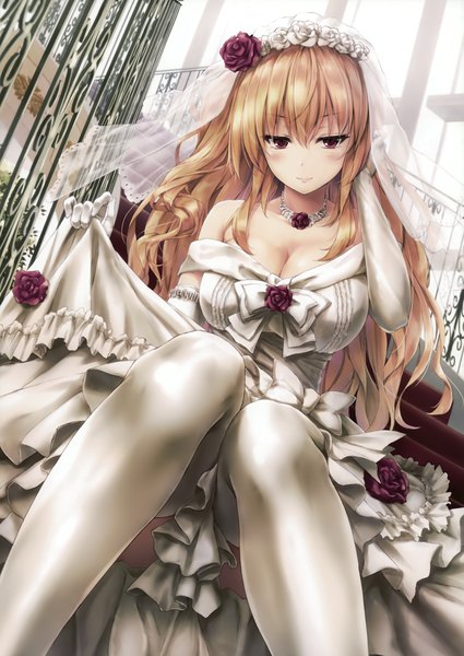 Anime picture 2482x3500 with melonbooks suien single long hair tall image looking at viewer blush fringe highres breasts blonde hair hair between eyes red eyes sitting payot cleavage off shoulder dutch angle wavy hair hand on head