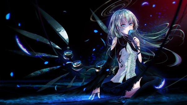 Anime picture 5333x3000 with original sanamisa single long hair looking at viewer fringe highres hair between eyes wide image sitting holding green eyes absurdres long sleeves parted lips arm up green hair partially submerged floating hair mechanical wings