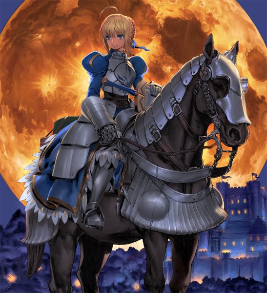Anime picture 1185x1300 with fate (series) fate/stay night fate/zero studio deen type-moon artoria pendragon (all) saber yasuda akira single tall image short hair blonde hair looking away ahoge light smile night from below cityscape city lights girl